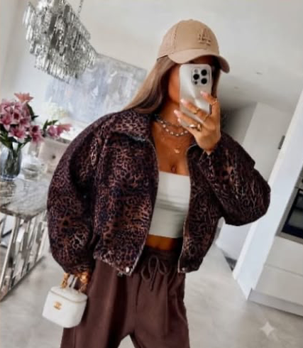 Veste aviateur imprimé léopard, beige, camel, brun foncé et kaki