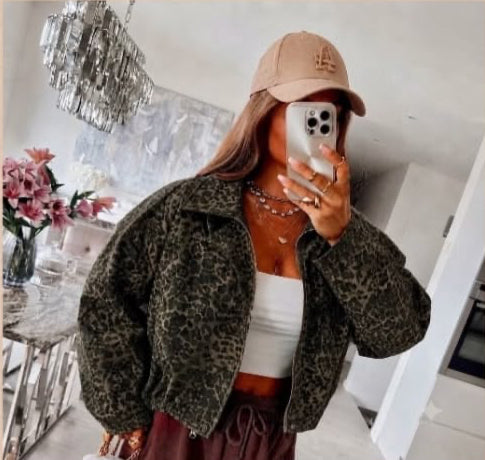 Veste aviateur imprimé léopard, beige, camel, brun foncé et kaki