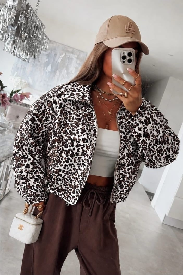 Veste aviateur imprimé léopard, beige, camel, brun foncé et kaki