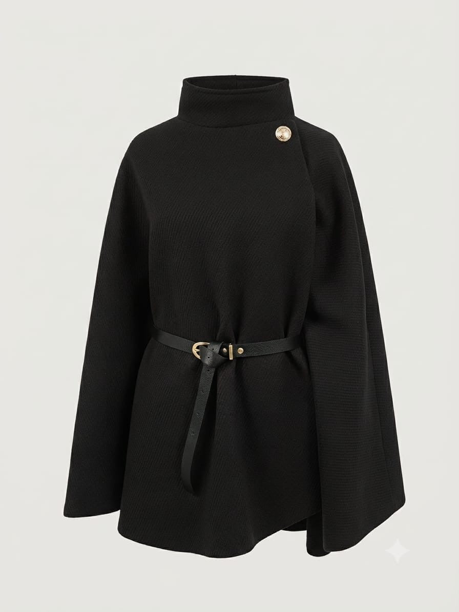Poncho cape élégante ceinture noir ou bordeaux