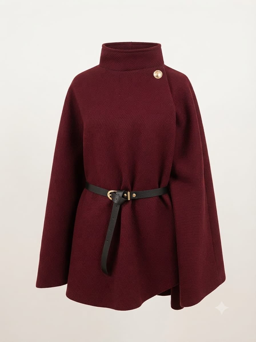 Poncho cape élégante ceinture noir ou bordeaux