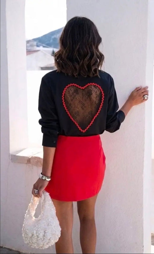 Chemise tendance dos-nu dentelle"Coup de Cœur" blanc et noir